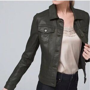 White House Black Market Coated Denim Cropped Jacket in Army Green